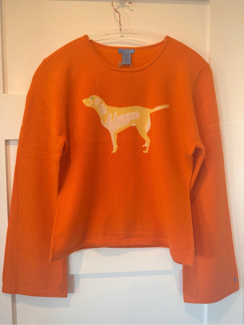Orange Crewneck Sweater with Yellow & Cream Dog Intarsia-100% cashmere